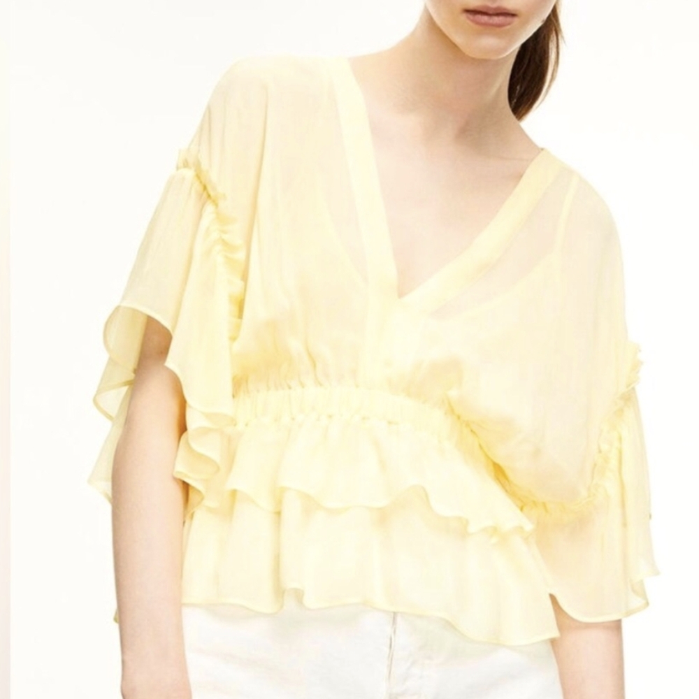 The Kooples Sweetie Pale Yellow Ruffled Short Sleeve Top Size 1 ( Small)
